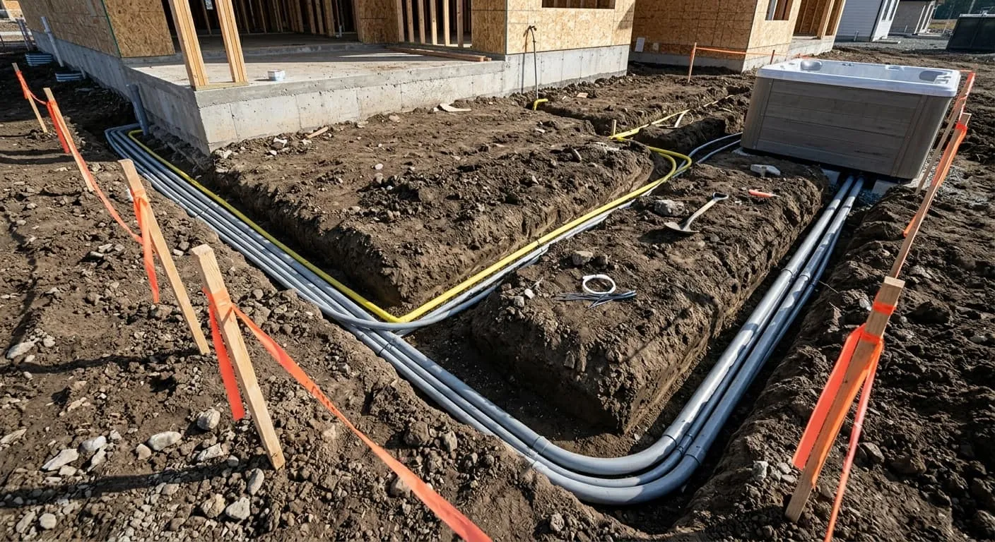 Open-ground residential backyard trenches with grey PVC electrical conduits and yellow gas piping laid neatly before subgrade concrete is poured