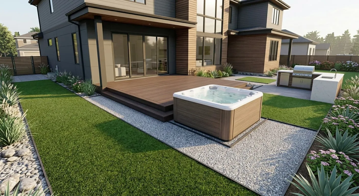 3D landscape rendering of a modern backyard showing a composite deck, built-in BBQ island, and spa hot tub in their finalized structural positions
