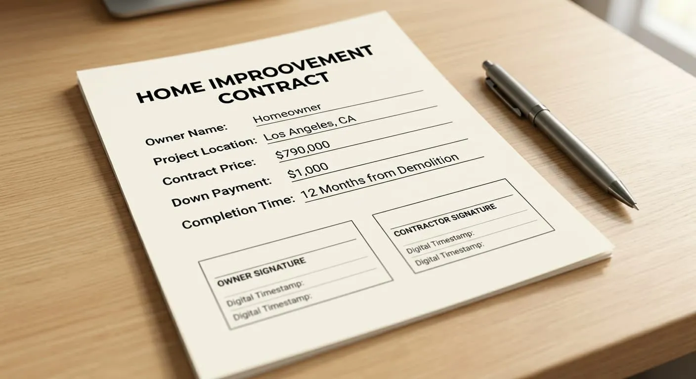 Cover page of our executed Home Improvement Contract showing the $790,000 contract value, $1,000 deposit, and 12-month completion timeline