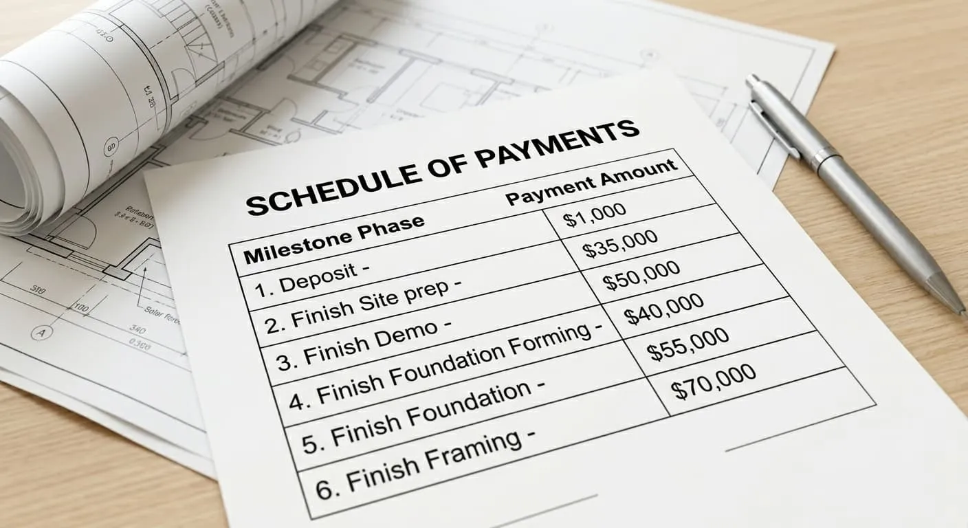 Schedule of payments table from the construction contract showing 6 milestone phases from the $1,000 deposit through $70,000 for finished framing