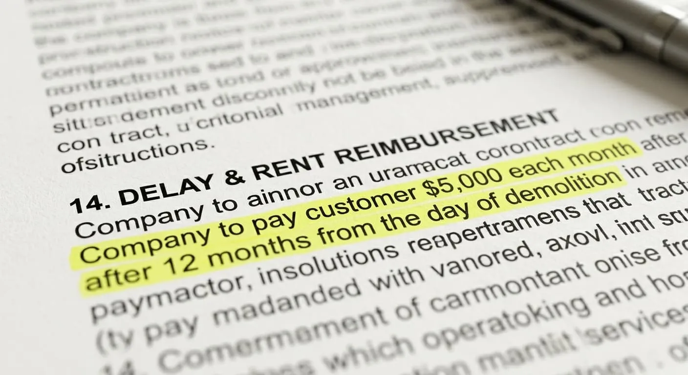 Contract page showing the highlighted Delay & Rent Reimbursement clause requiring the company to pay $5,000 per month after 12 months from demolition