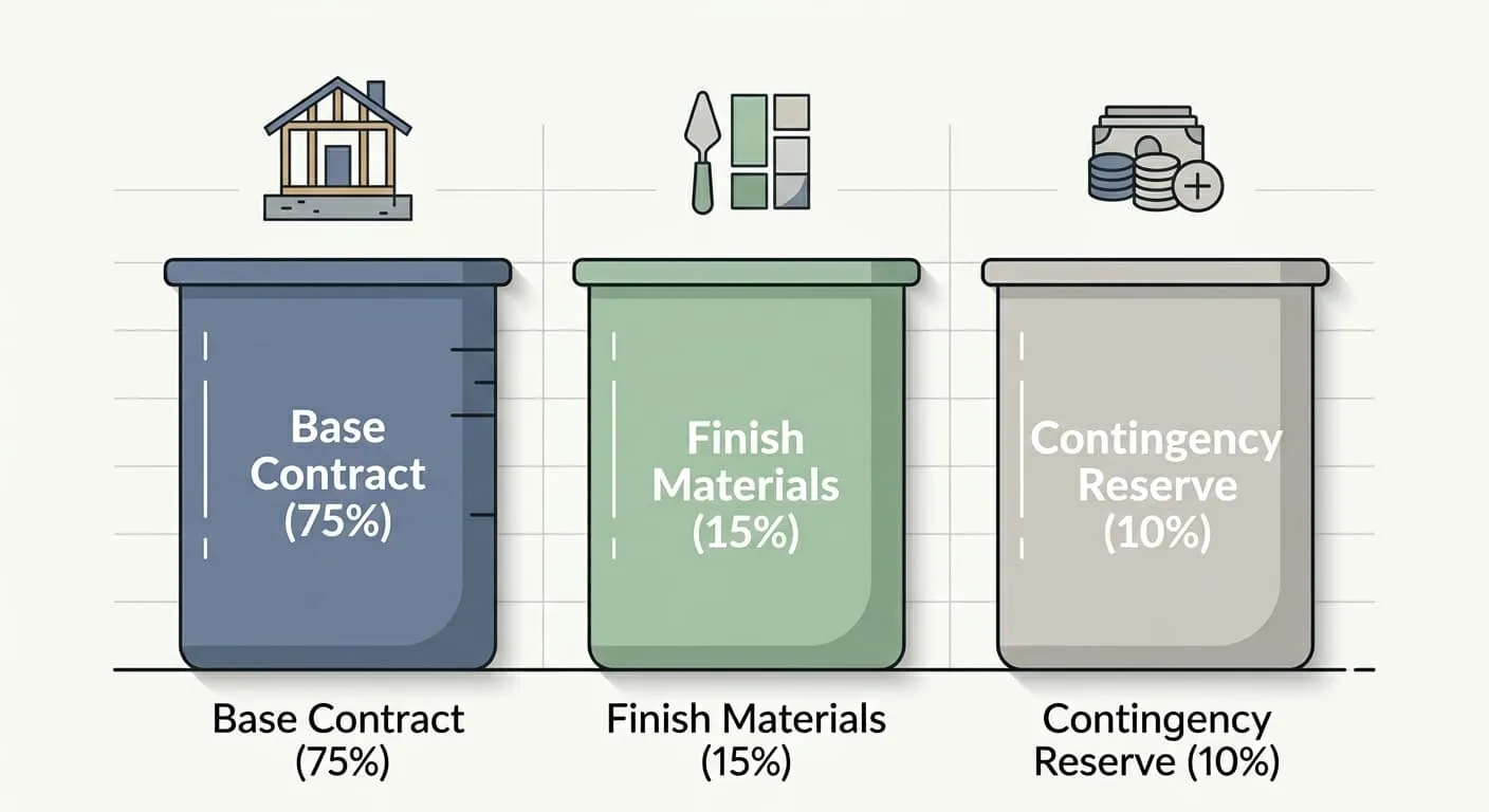Infographic showing the three-bucket construction budget split: Base Contract (75%), Finish Materials (15%), and Protected Contingency Reserve (10%)