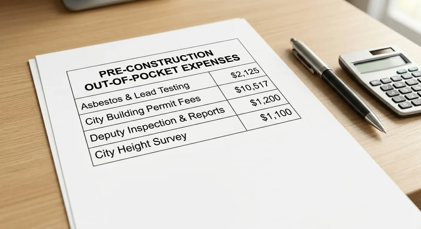 Table detailing pre-construction out-of-pocket expenses including asbestos testing, city permit fees, deputy inspection reports, and height survey costs