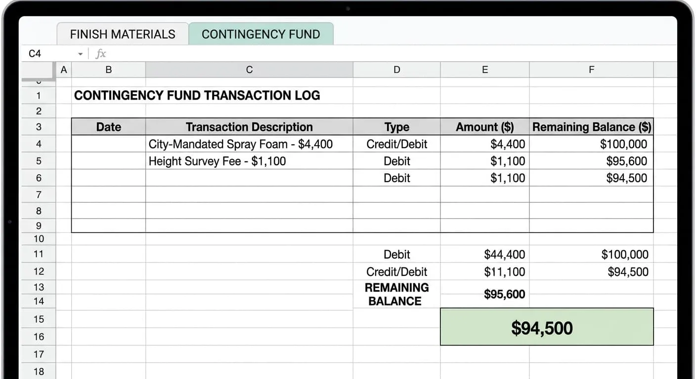 Financial spreadsheet showing the Contingency Fund tab isolated from Finish Materials, with city-mandated spray foam and height survey fees logged against the remaining balance