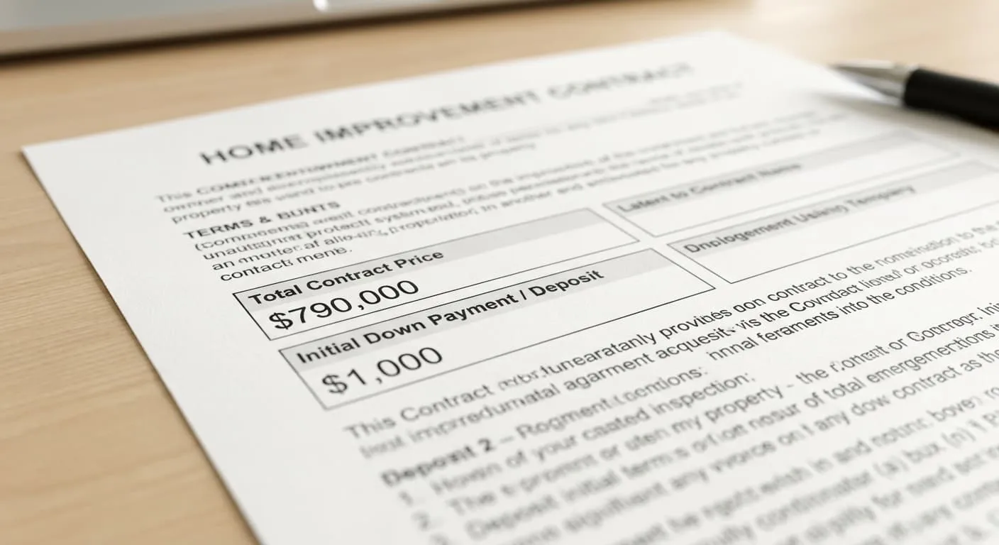 Signed contract showing a $1,000 initial deposit on a $790,000 base contract for a structural remodel and second-floor addition — a project that totaled over $1 million