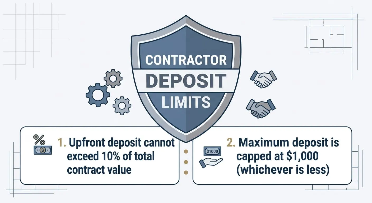 Infographic summarizing California's Business and Professions Code Section 7159 contractor deposit limits for residential homeowners