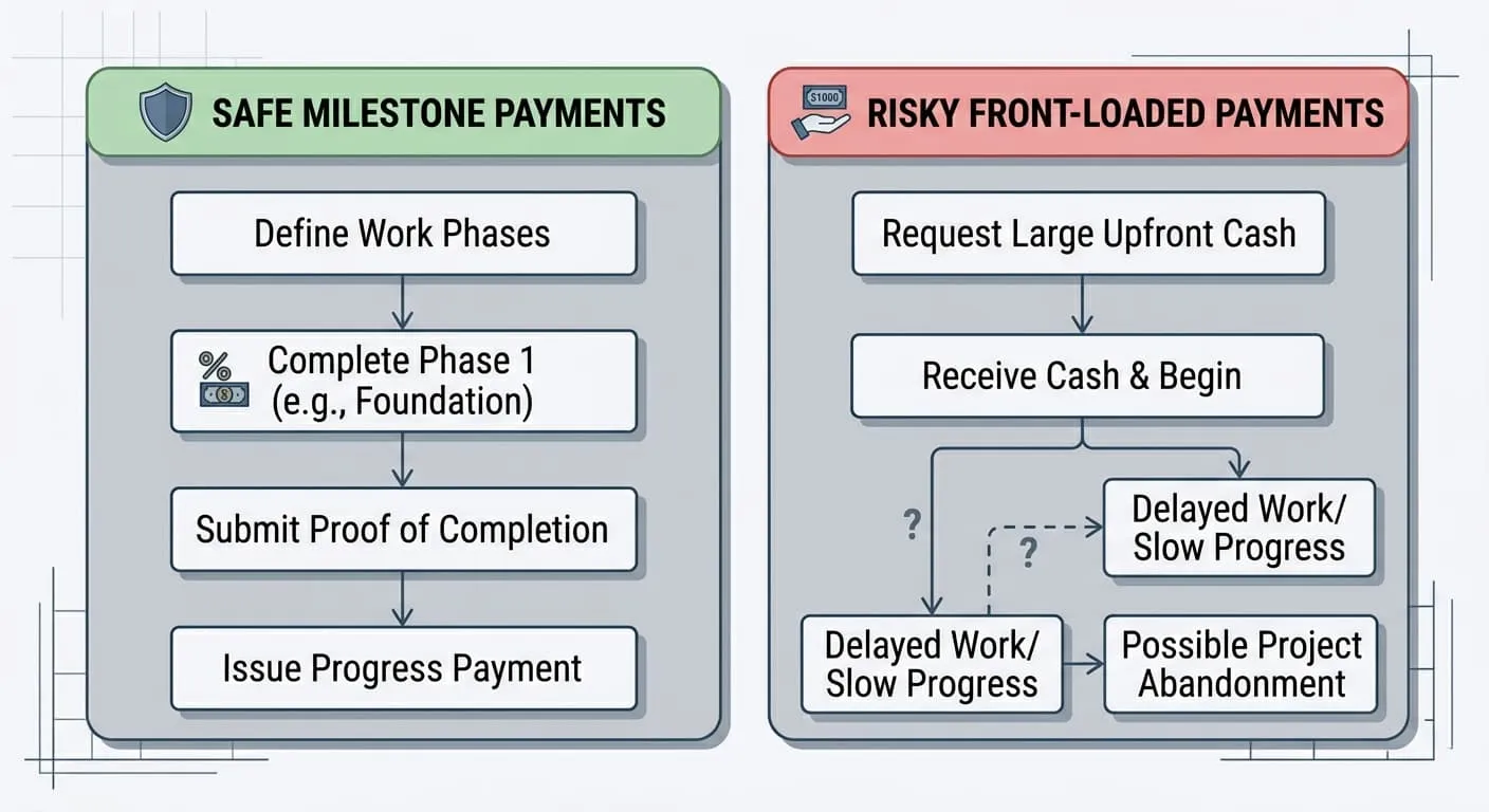 Flowchart comparing safe milestone-based progress payments versus risky front-loaded payments in construction projects
