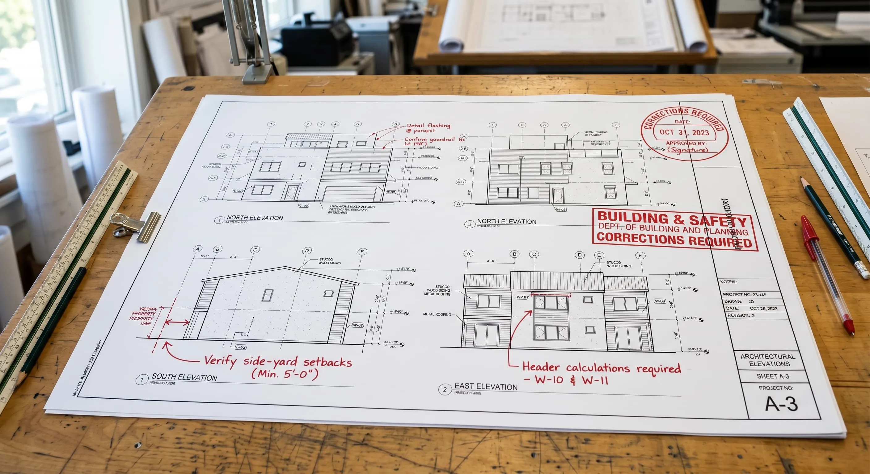 Architectural elevation blueprint stamped with building department corrections and red plan check notes
