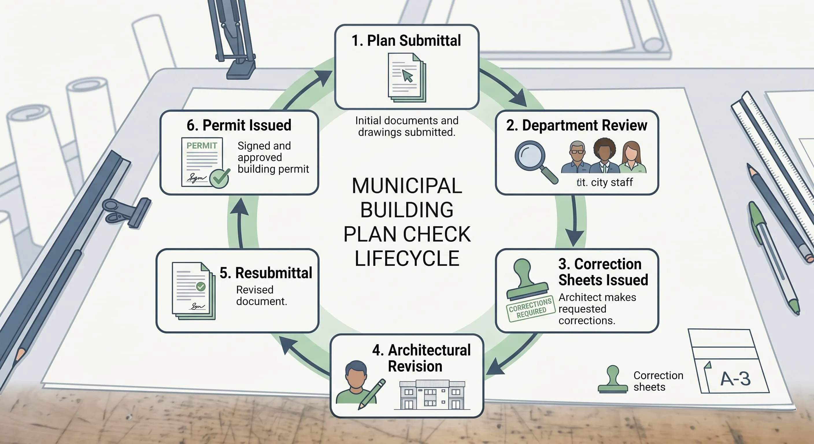 Infographic diagram showing the municipal plan check loop from submittal through department review, corrections, revision, resubmittal, and final permit issuance
