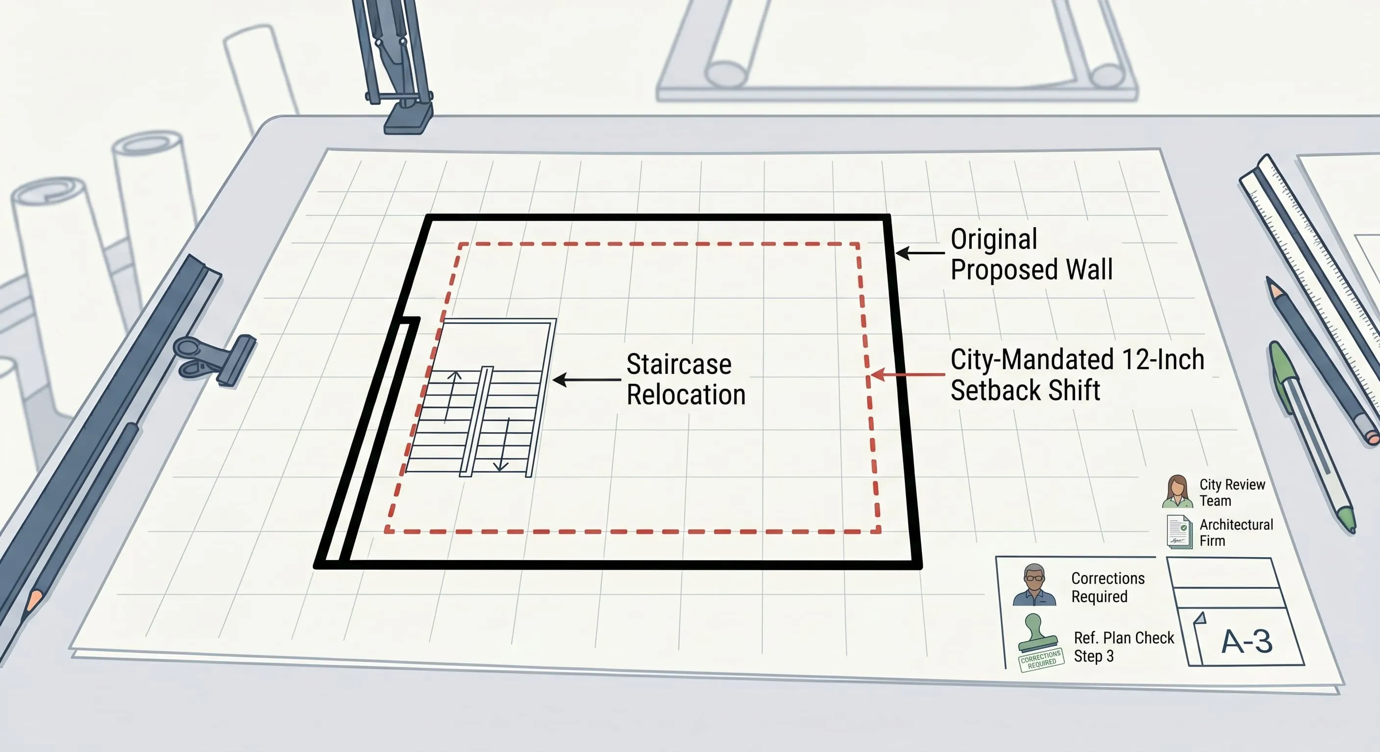Plan comparison diagram showing how a 12-inch city-mandated wall setback required relocating the interior staircase run